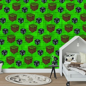 Gaming wallpaper for kids Video game removable mural Green Pixel print Cube playroom décor peel and stick Cartoon wall art diamond decal