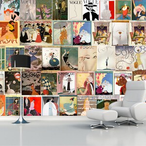 May include: A collage of vintage Vogue magazine covers featuring illustrations of women in various poses and clothing styles. The covers are arranged in a grid pattern and feature a variety of colors and designs.