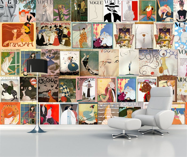 May include: A collage of vintage Vogue magazine covers featuring illustrations of women in various poses and clothing styles. The covers are arranged in a grid pattern and feature a variety of colors and designs.