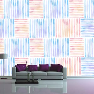 Carta da parati a strisce blu-rosa dipinte Stampa vivaio colorato Decorazione murale astratta Arte della stanza dei giochi Arredamento camera da letto pastello regalo rimovibile per la camera dei bambini