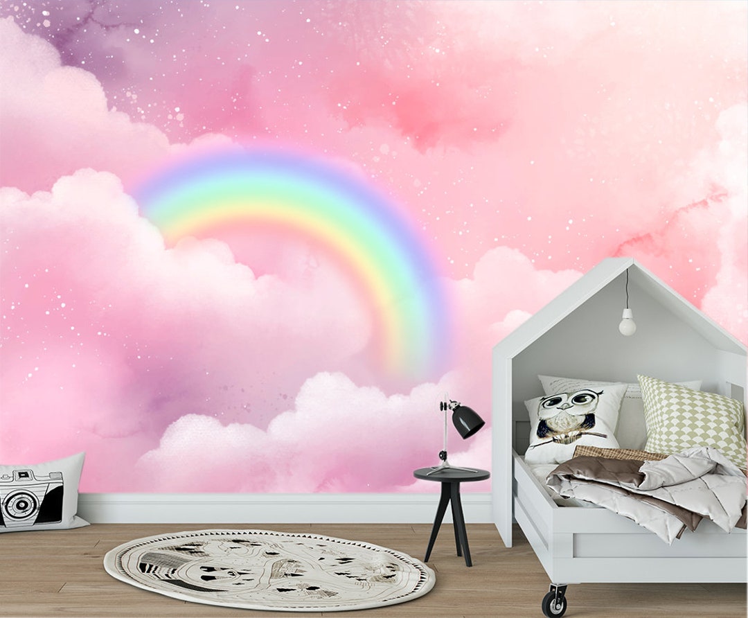 Rainbow in Pink Clouds Wallpaper Kids Wall Mural Nursery Bedroom Print ...