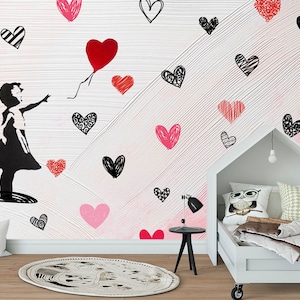 Carta da parati per bambini con palloncini Graffiti murale Banksy ragazza Grande arte da parete Amore Decorazione romantica per la camera della ragazza Murale rimovibile per adolescente Autoadesivo