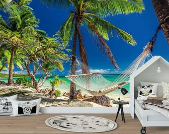 Papel tapiz de paisaje tropical, mural de palmeras autoadhesivo, decoración relajante para dormitorio, sala de estar, impresión de isla paradisíaca, diseño interior moderno