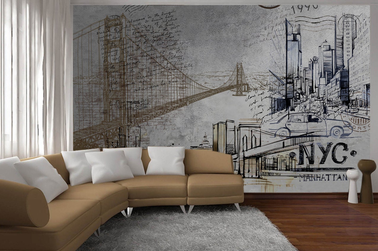 New York Wall Mural Manhattan Artwork Self-adhesive Art Retro - Etsy