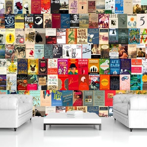 May include: A white wall with a collage of book covers. The covers are arranged in a grid pattern and feature a variety of genres, including fiction, non-fiction, and classics. The wall is decorated with two white sofas and a coffee table.