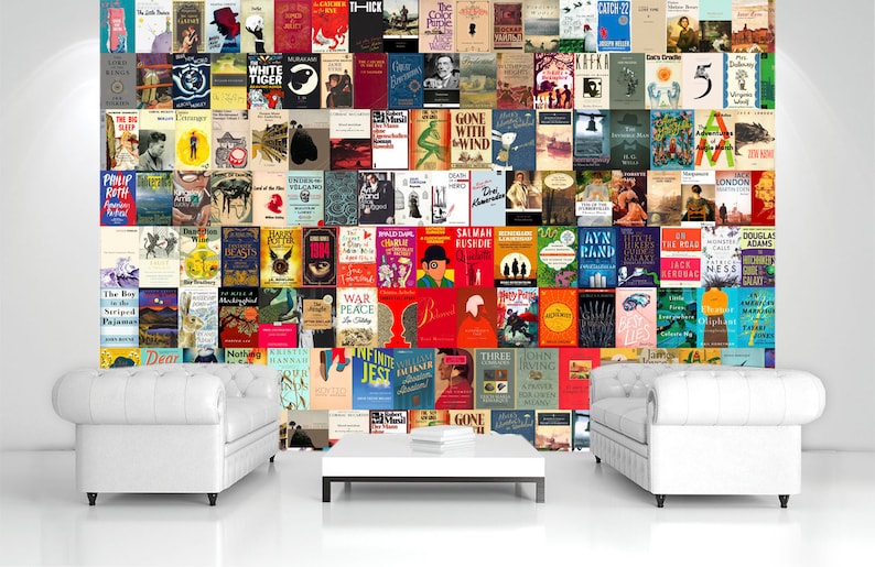 May include: A white wall with a collage of book covers. The covers are arranged in a grid pattern and feature a variety of genres, including fiction, non-fiction, and classics. The wall is decorated with two white sofas and a coffee table.