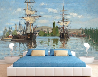 Carta da parati autoadesiva con motivo nave da porto vintage, murale nautico costiero in stile Claude Monet, paesaggio marino con veliero antico, carta da parati in tessuto non tessuto