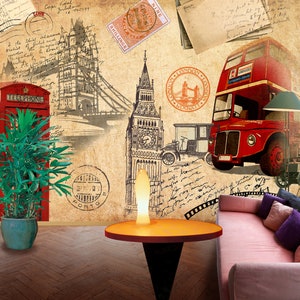 May include: A vintage-inspired illustration featuring a red double-decker bus, a red telephone booth, and the iconic Tower Bridge. The background is a faded, textured paper with handwritten notes and stamps. The image also includes a potted plant, a table lamp, and a sofa with pillows.