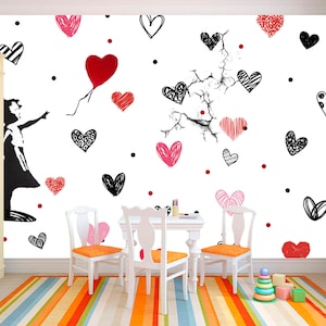 Carta da parati a forma di cuore con palloncini Murale Graffiti Banksy Girl Grande arte da parete Amore Decorazione romantica della stanza della ragazza Murale rimovibile per adolescente Autoadesivo