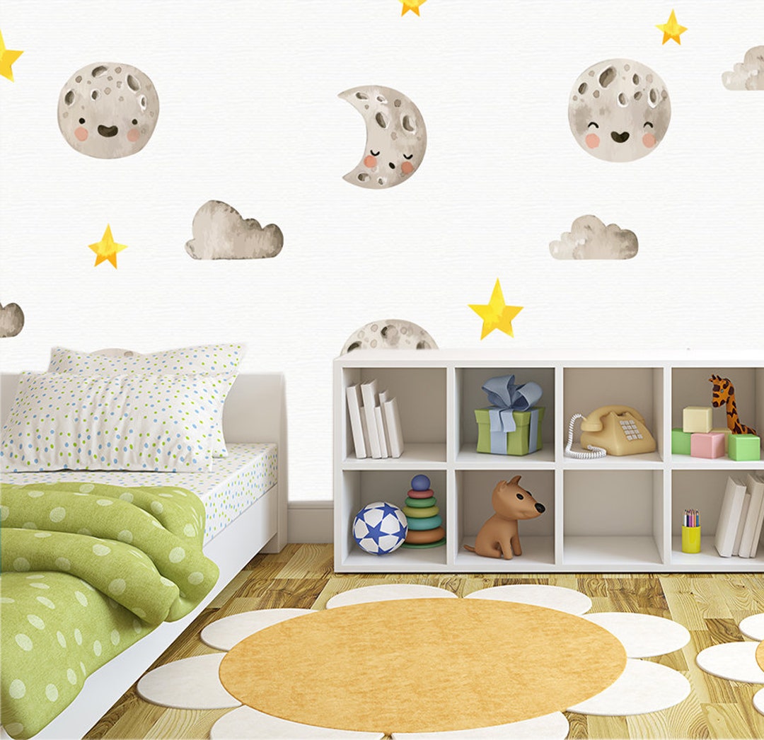 Moon and Star Wallpaper Baby Wall Mural Cloud Nursery Print Kids ...