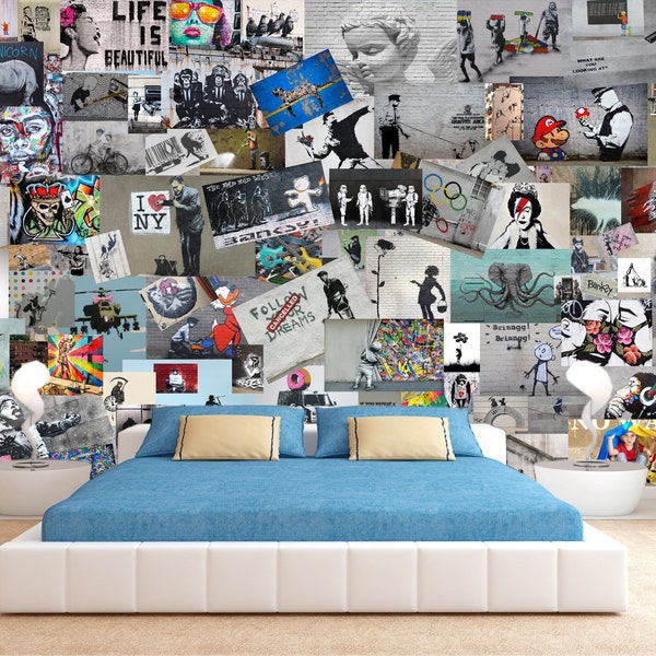 Peel and stick Graffiti wallpaper Banksy print Street art print Modern wall mural Self-Adhesive Bed room decor 3d wallpaper Collage wall art