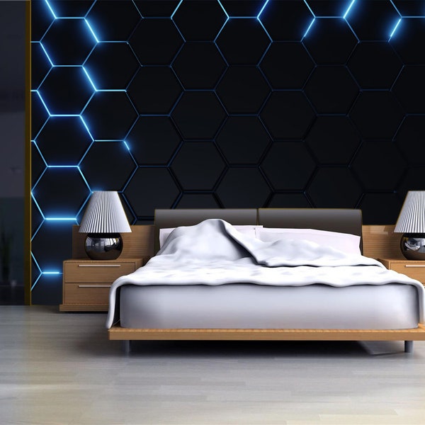 Hexagon Wallpaper Blue black Wall Mural Peel and Stick Self Adhesive Honeycomb print Geometric Wall Art Neon Cubes Mural Hi-Tech Wall Decor