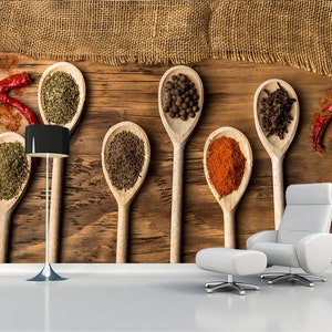 Carta da parati con buccia e bastoncini di spezie Cucina murale Stampa cucchiaio Decalcomania alimentare Decorazione murale caffè Carta da parati strutturata 3D Decorazione autoadesiva per sala da pranzo