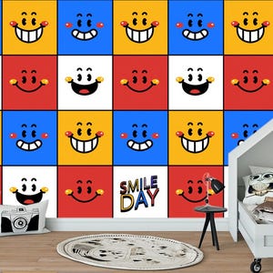 Carta da parati con facce divertenti, murale rimovibile astratto colorato, stampa da parete per la sala giochi dei bambini, sorriso, giorno, arte, decalcomania estetica funky, decorazione per la sala giochi dei bambini