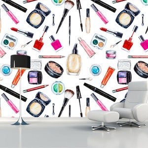 Carta da parati cosmetica, murale per trucco, design moderno, stampa cosmetologia, decalcomania glamour, arte murale moda, decorazione per la stanza da letto donna, murale per salone di bellezza per ragazze