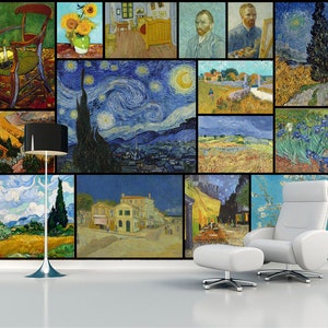 Paintings by famous artist Vincent Van Gogh wall mural Starry night wallpaper Floral wall print Reproduction art Sunflower Peel and stick