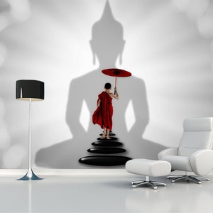 Buddha mural Statue wallpaper Peel stick decor Monk with umbrella Self-adhesive art Meditation deco Religion mural Japan artwork Asian decal