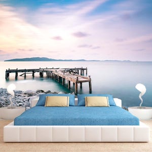 Sea Pier Wallpaper Peel & stick Seascape Mural Nature Sunset Sunrise Relax Decor for Bedroom Office room Twilight Art Modern Interior Design