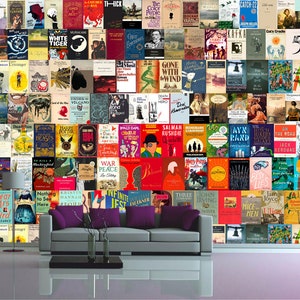 May include: A wall covered in book covers, featuring a variety of titles and authors. A gray couch with purple pillows sits in front of the wall.
