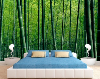 Bamboo green forest wallpaper Landscape wall mural Misty nature print removable Dining room decor Jungle Accent wallpaper Large wall mural