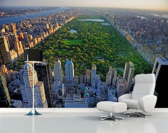 May include: An aerial view of Central Park in New York City, with tall buildings surrounding the park. The park is green and lush, with trees and paths. The buildings are mostly made of glass and steel, and they are all very tall.