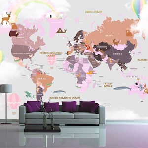 Babykaartbehang Dierenmuurschildering Geografische kaartafdruk Wereldkaart kunst aan de muur Educatieve kaart Reiskaart sticker Schil en plak kinderkamerkunst