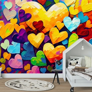 Carta da parati colorata a forma di cuore Carta da parati ad acquerello murale a buccia e bastone Parete con stampa arcobaleno Decorazione camera per adolescenti Vinile autoadesivo con decalcomania camera ragazza rosa