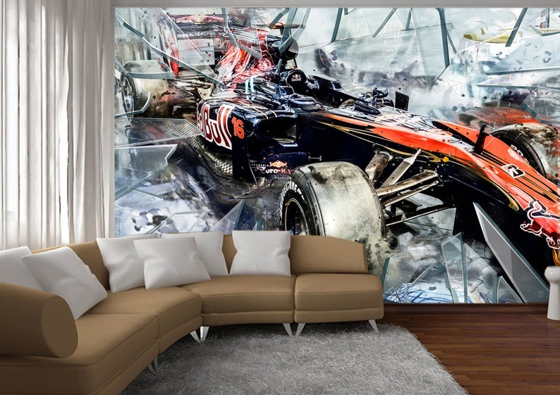 Op de afbeelding: Een levendige muurschildering met een Formule 1-raceauto in beweging, met een dynamische compositie van gebroken glas. De auto is voornamelijk zwart en rood, met het nummer 16 zichtbaar. De sc&egrave;ne roept snelheid en competitie op.