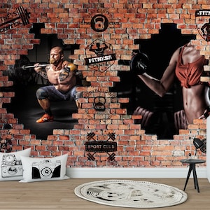 Sport wallpaper Gym wall mural Bodybuilding print workout vinyl Playroom wall art Gift for sportsman Fitness center decor Sport club decal