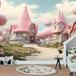 Fairy Pink House Wallpaper Forest Glade Wall Kids Mural Girl Playroom decoración No tejido Wallpaper Fairy Tree Print Nursery Cartoon House Calcomanía