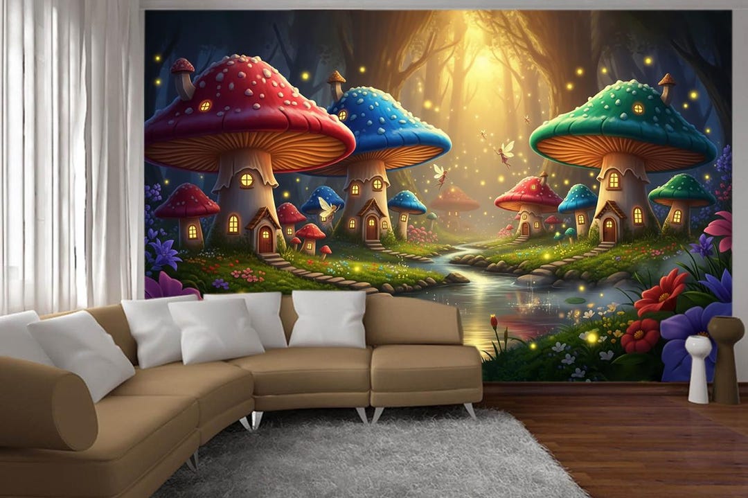 Fairy Mushroom Wallpaper Peel and Stick Enchanted Forest Wall Mural ...