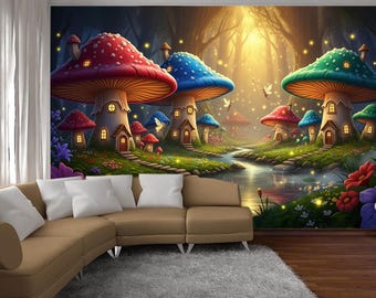 Papel de Parede de Cogumelos de Fadas, Removível, Adesivo, Floresta Encantada, Mural de Parede Infantil, Fantasia, Mágica, Bosque, Papel de Parede Não Tecido