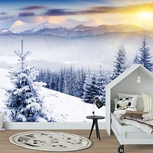 Winter forest wallpaper Mountain wall mural Pine tree print Light sun wall art Nature decor Mount decal Landscape art repositionable mural