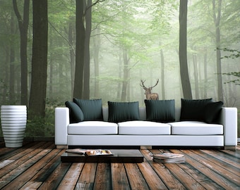 Deer wallpaper Peel stick decor Forest wall print Wildlife mural Animal artwork Nursery decal Stag wall mural Home decor Self-adhesive art