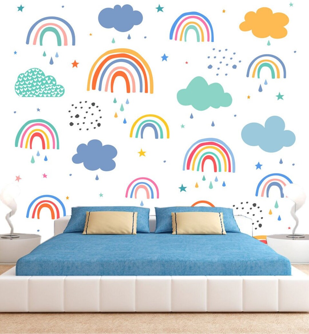 Rainbow Wall Mural Clouds Wall Decal Rain Wall Sticker Nursery Decor Decal Stars Wall Sticker