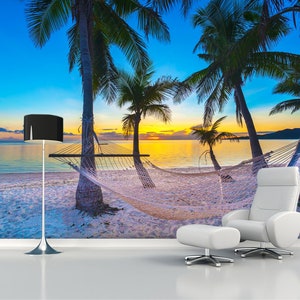 Papel tapiz extraíble de playa Estampado de palmeras Hamaca para amantes en el arte del océano Decoración de pared tropical Mural de paisaje marino Despegar y pegar Regalo para dormitorio Amanecer