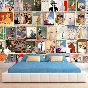 May include: A collage of vintage Vogue magazine covers featuring illustrations of women in various poses and clothing styles. The covers are arranged in a grid pattern and feature a variety of colors and designs.