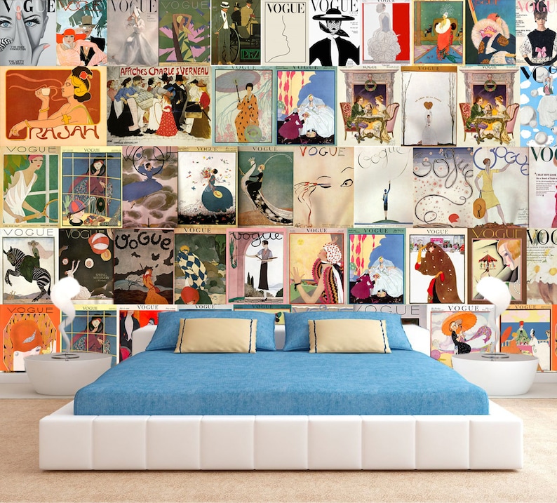 May include: A collage of vintage Vogue magazine covers featuring illustrations of women in various poses and clothing styles. The covers are arranged in a grid pattern and feature a variety of colors and designs.