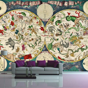 Celestial Planisphere Tapete Sternbild Sternbild Karte Tierdruck Alte Karte Wandbild Schälen und Kleben Wand antike Wandkunst Sternzeichen Dekor