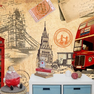May include: A vintage-inspired illustration of London landmarks, including a red double-decker bus, a red telephone booth, and Tower Bridge. The illustration is printed on a textured background with handwritten notes and stamps.