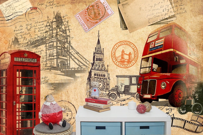 May include: A vintage-inspired illustration of London landmarks, including a red double-decker bus, a red telephone booth, and Tower Bridge. The illustration is printed on a textured background with handwritten notes and stamps.