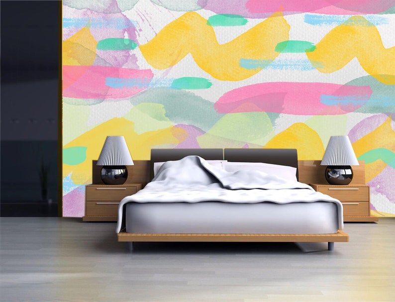 Colorful Wave Wallpaper Watercolor Mural Peel and Stick Wall Rainbow ...