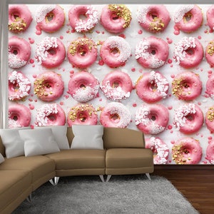 Donuts Tapete Kuchen Wandbild Abnehmbare Pink Peel and Stick Food Wanddruck Selbstklebend Café Wanddekor 3D Wallpaper Süßigkeiten Dessert Kunst