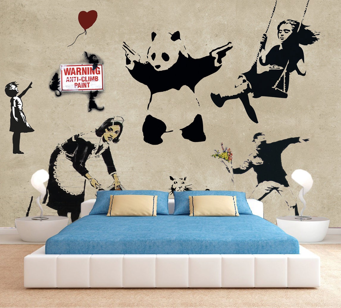 Graffiti Banksy Wallpaper Street Art Mural Panda With Gun Wall Art ...
