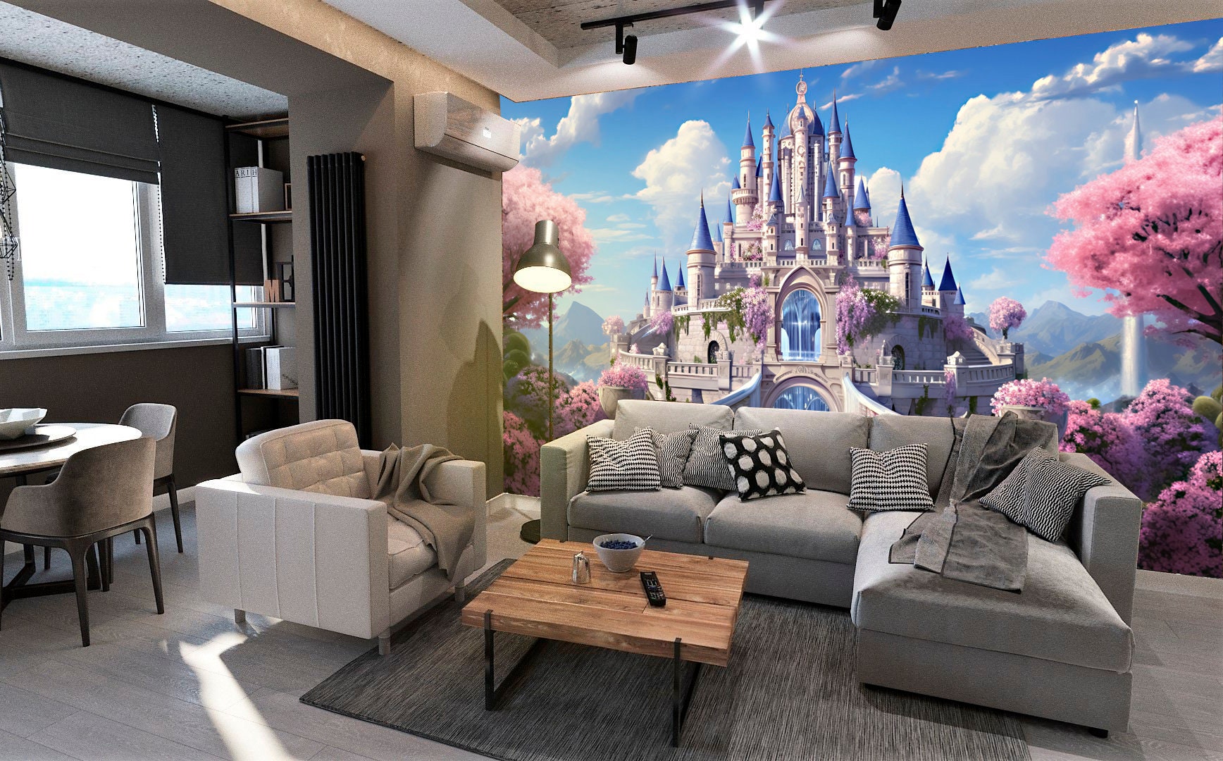 Prinses kasteel behang kindermuurschildering sprookjes kunst kinderkamer  meisjeskamer print magische peel and stick roze boom speelkamer vliesbehang  - Etsy België, image size:1736x1080