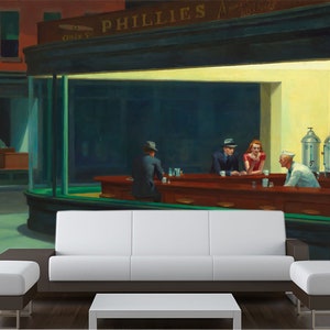 Nighthawks mural Artist wallpaper Peel stick decor Self-adhesive art Edward Hopper Reproduction decor Home wall print Restaurant New York