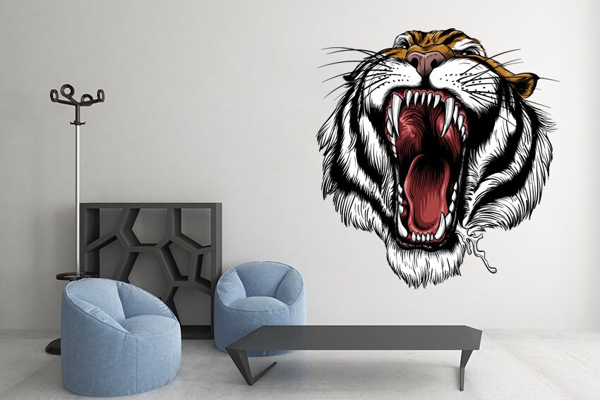 Tiger Decal Animal Wall Decal Roaring Tiger Sticker Tiger Head Wall Art ...