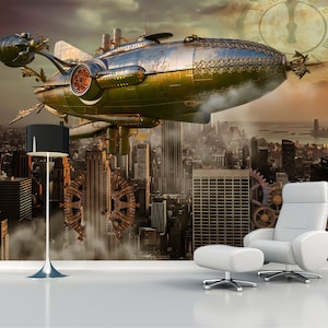 Schälen und kleben Steampunk Tapete Fantasy Druck Kinderzimmer Wandbild Selbstklebende Luftschiff Aufkleber Kinderzimmer Dekor Uhr Raum Kunst texturierte Art Kunst