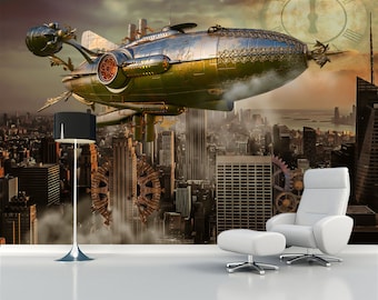 Peel and stick Steampunk wallpaper Fantasy print Nursery mural Self-Adhesive airship decal Kids Room decor clock room art textured Style art