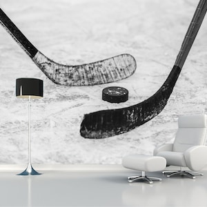 Carta da parati Hockey Stick and Puck murale Arte per la stanza dei ragazzi Decorazione per la camera da letto degli adolescenti Arte murale Sport Stampa per la stanza dei giochi dei ragazzi Regalo per gli amanti dello sport Campo da hockey